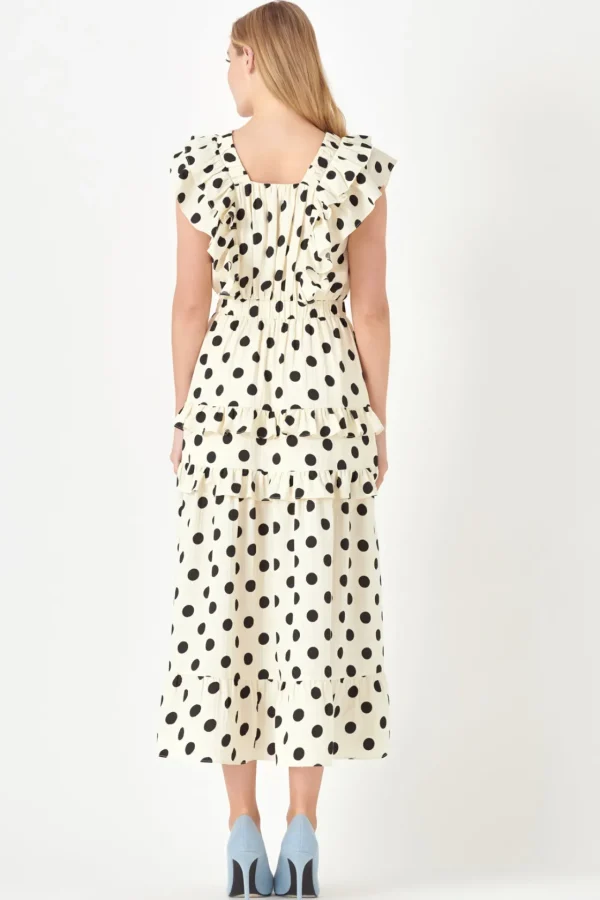 ENGLISH FACTORY Tops*- Polka Dot Print Ruffle Detail Maxi Dress IVORY/BLACK