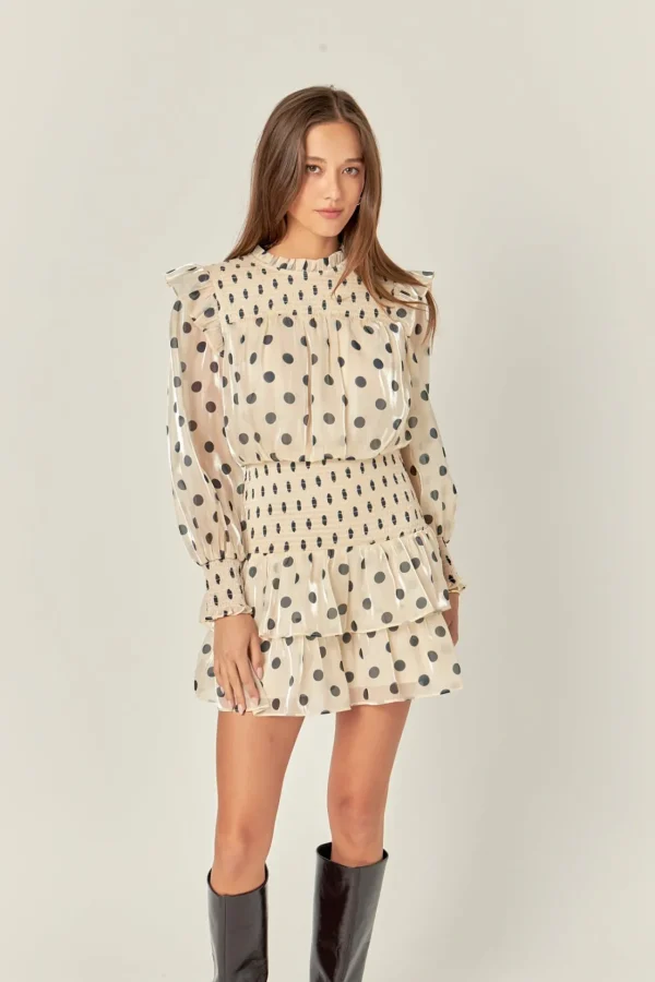 ENGLISH FACTORY Tops*- Polka Dot Mini Dress BEIGE/BLACK