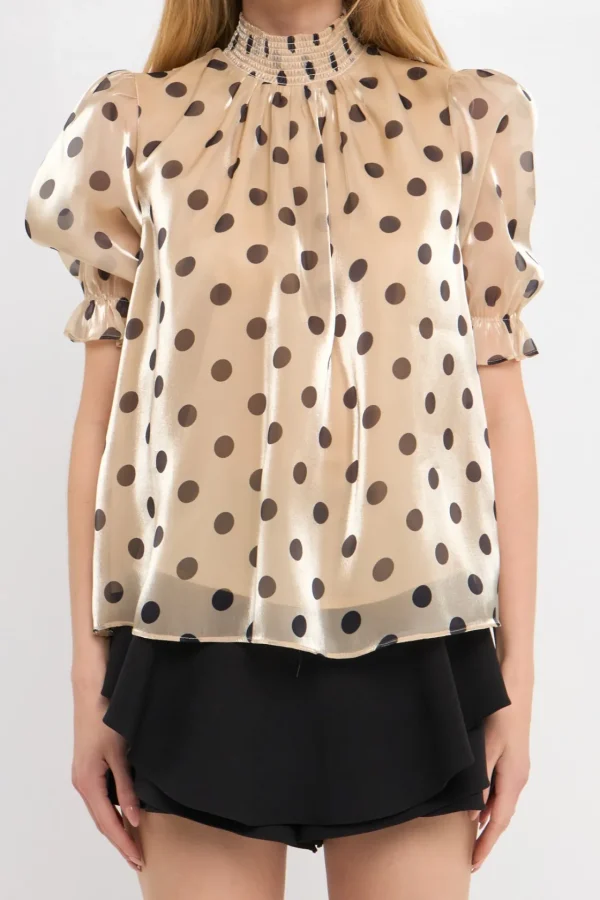 ENGLISH FACTORY Tops*- Polka-dot Puff Sleeve Top with Mock neck BEIGE/BLACK