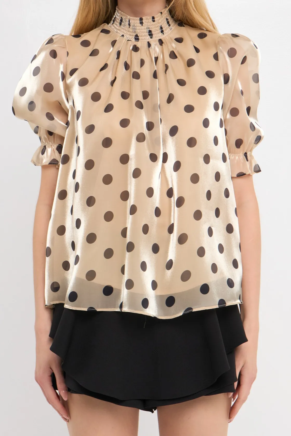 english_factory__polkadot_0.webp ENGLISH FACTORY Tops*- Polka-dot Puff Sleeve Top with Mock neck BEIGE/BLACK