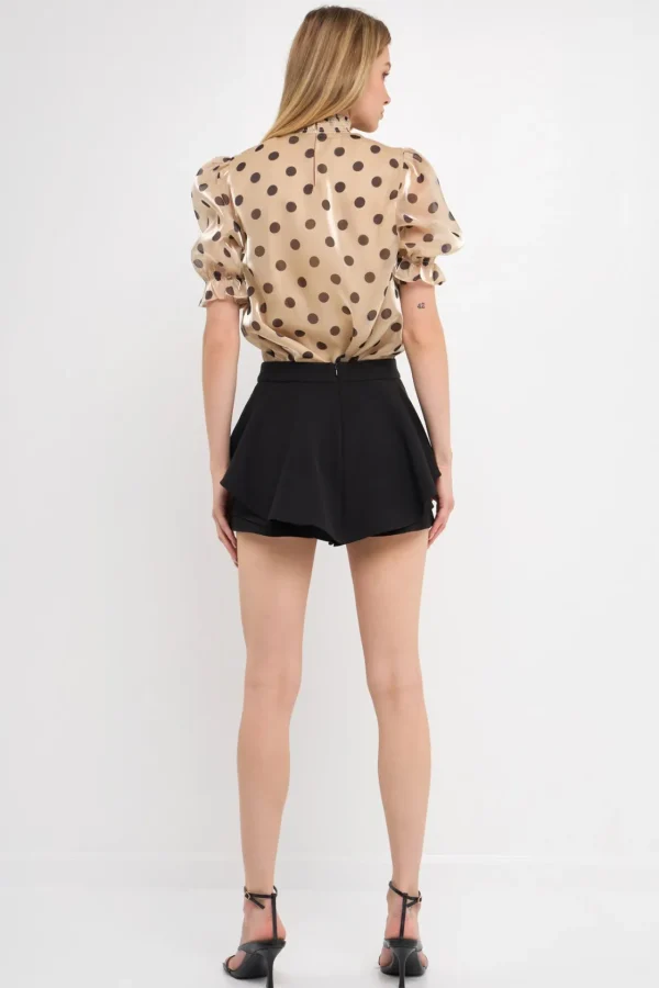 ENGLISH FACTORY Tops*- Polka-dot Puff Sleeve Top with Mock neck BEIGE/BLACK