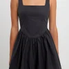 ENGLISH FACTORY Tops*- Poplin Square Neck Bubble Hem Dress BLACK