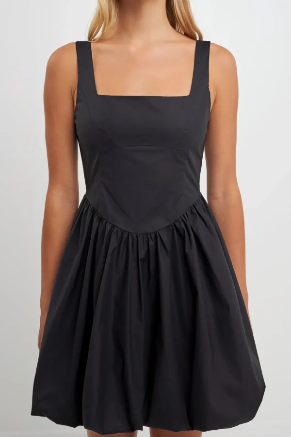 ENGLISH FACTORY Tops*- Poplin Square Neck Bubble Hem Dress BLACK