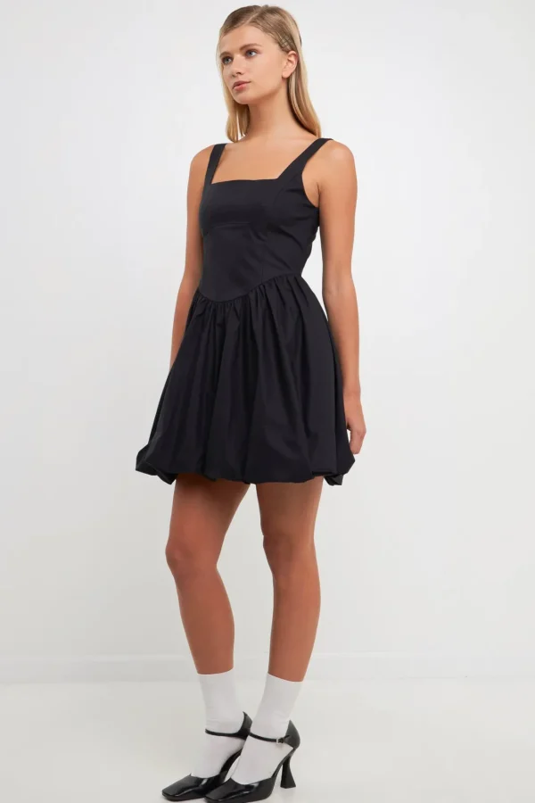 ENGLISH FACTORY Tops*- Poplin Square Neck Bubble Hem Dress BLACK