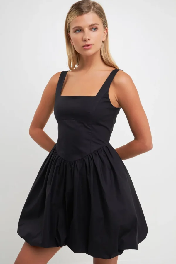 ENGLISH FACTORY Tops*- Poplin Square Neck Bubble Hem Dress BLACK