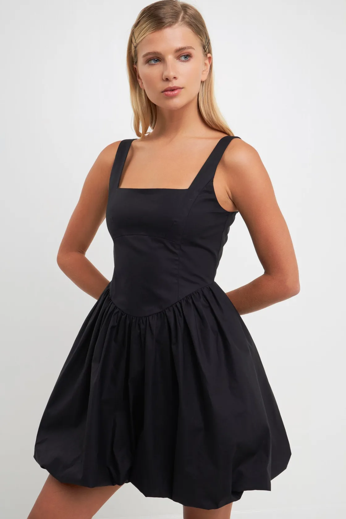 english_factory__poplin_s_3.webp ENGLISH FACTORY Tops*- Poplin Square Neck Bubble Hem Dress BLACK