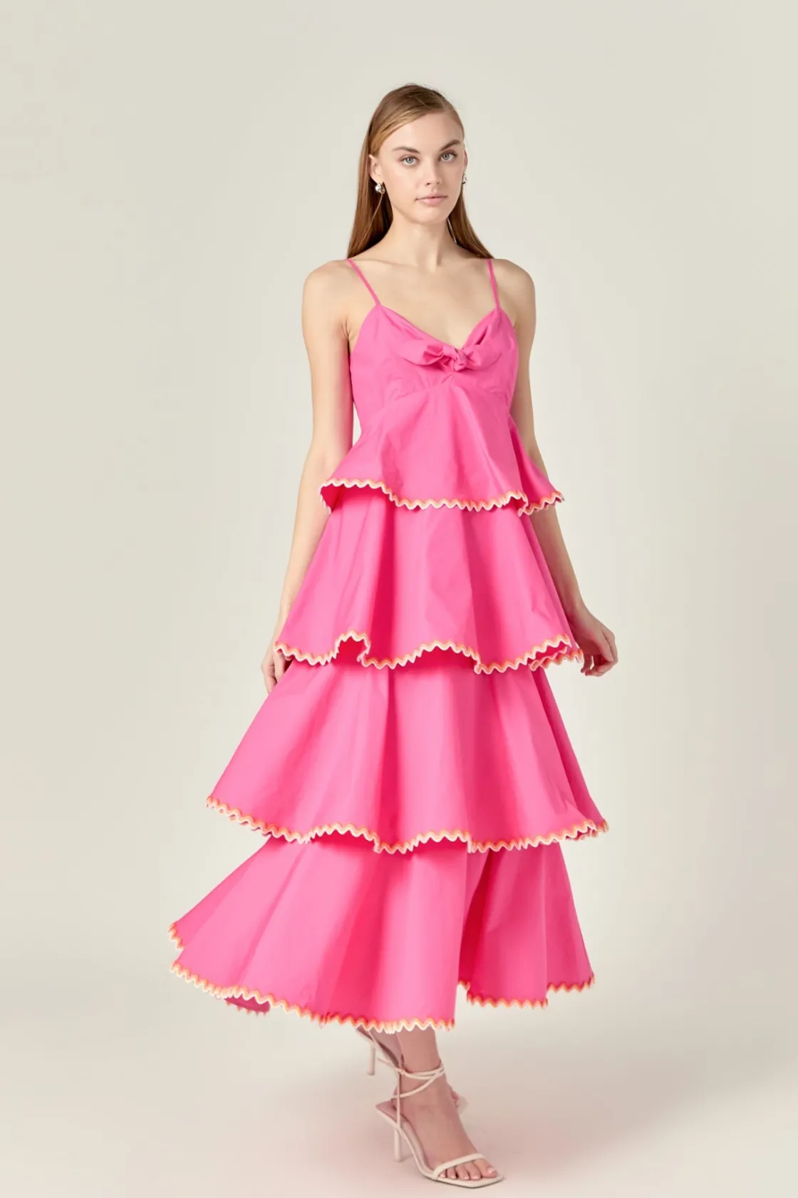 english_factory__poplin_t_3.webp ENGLISH FACTORY Tops*- Poplin Tiered Maxi Dress with Ric Rac Trim HOTPINK