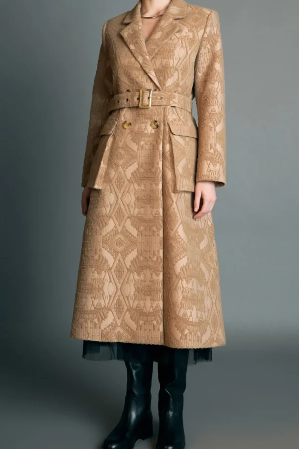 ENGLISH FACTORY Tops*- Premium Wool Brocade Swing Coat CAMEL
