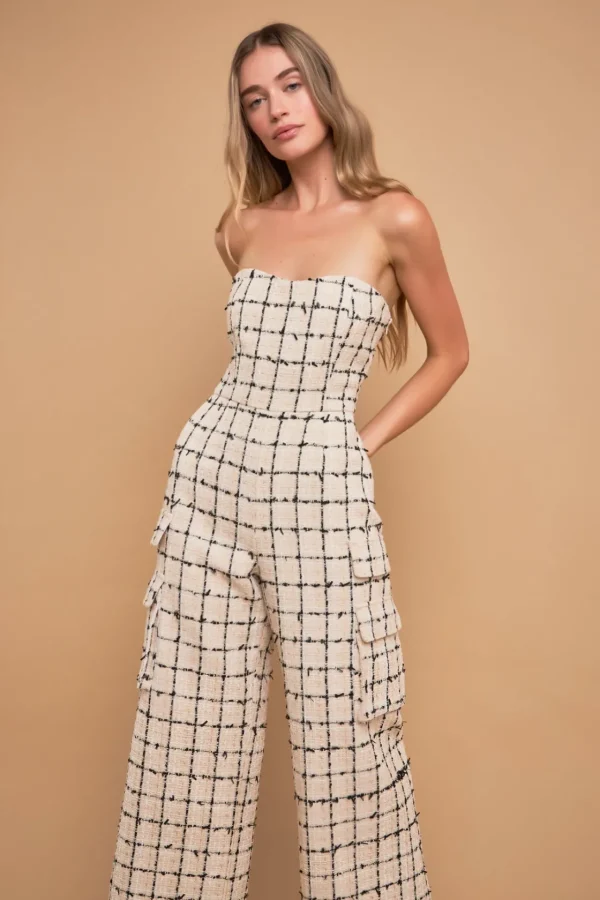 ENGLISH FACTORY Tops | One Pieces*- Premium Tweed Sleeveless Cargo Jumpsuit CREAM/BLACK