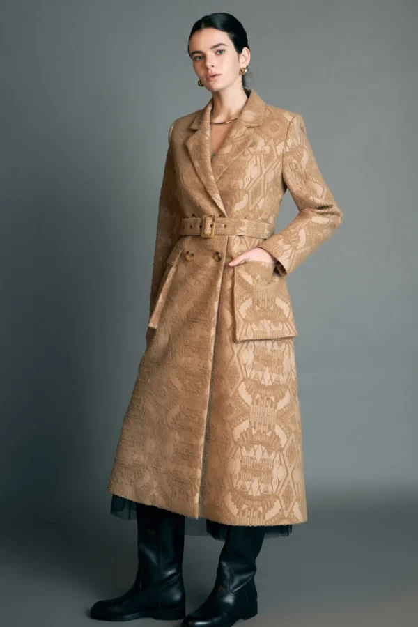 ENGLISH FACTORY Tops*- Premium Wool Brocade Swing Coat CAMEL
