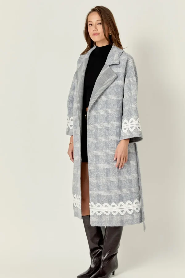 ENGLISH FACTORY Tops*- Premium Long Plaid Wrap Coat GREY