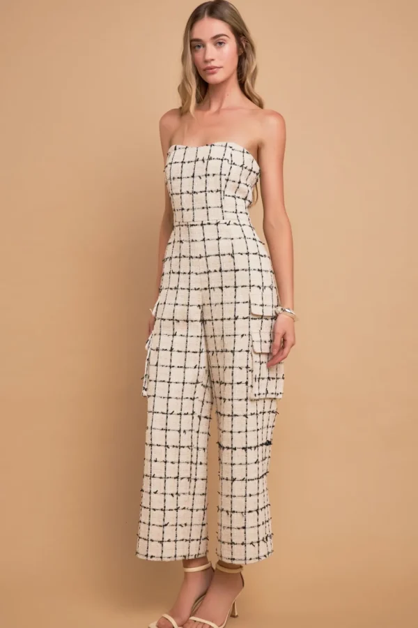 ENGLISH FACTORY Tops | One Pieces*- Premium Tweed Sleeveless Cargo Jumpsuit CREAM/BLACK