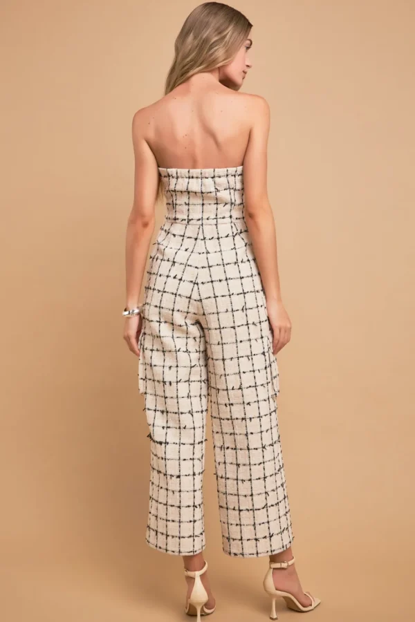 ENGLISH FACTORY Tops | One Pieces*- Premium Tweed Sleeveless Cargo Jumpsuit CREAM/BLACK