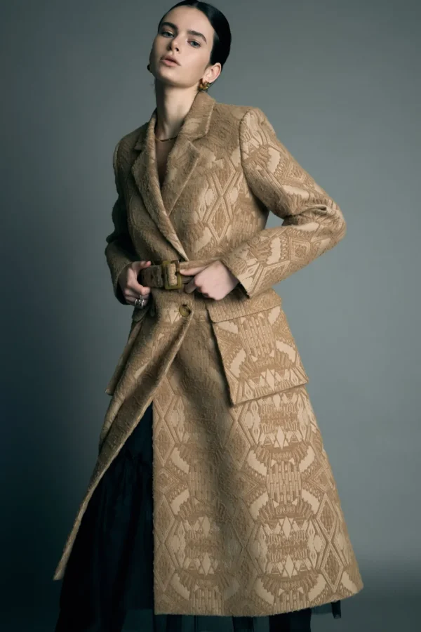 ENGLISH FACTORY Tops*- Premium Wool Brocade Swing Coat CAMEL