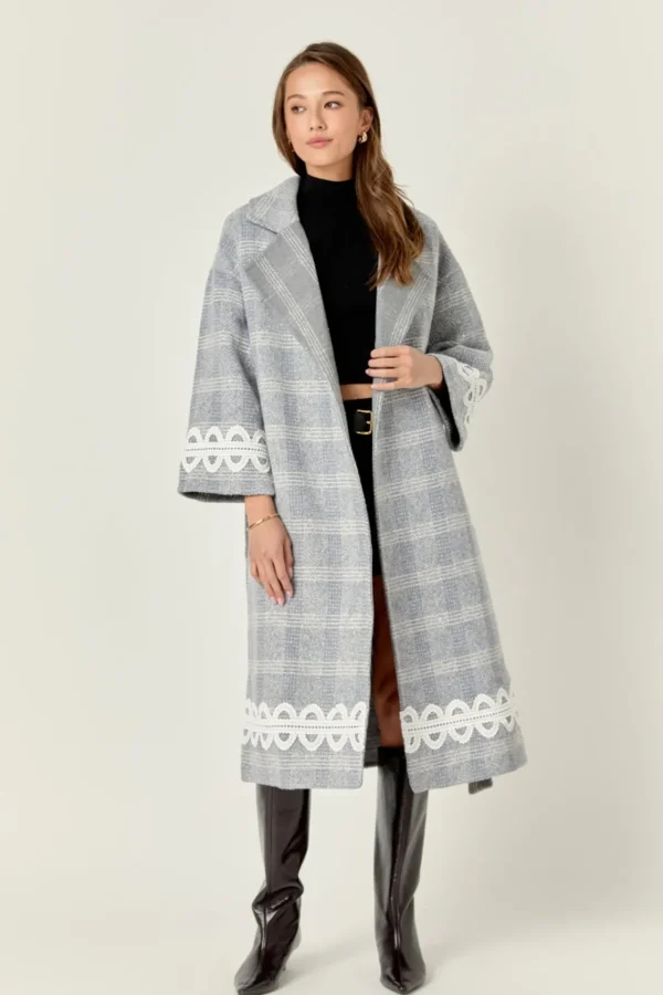 ENGLISH FACTORY Tops*- Premium Long Plaid Wrap Coat GREY