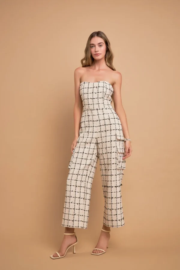 ENGLISH FACTORY Tops | One Pieces*- Premium Tweed Sleeveless Cargo Jumpsuit CREAM/BLACK