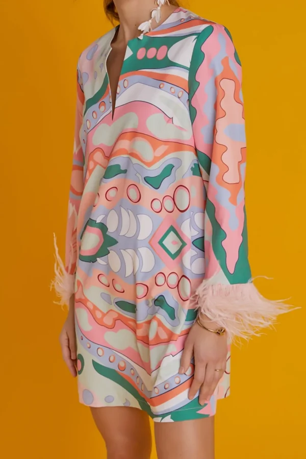 ENGLISH FACTORY Tops*- Print Mini Tunic Dress With Feather MULTI