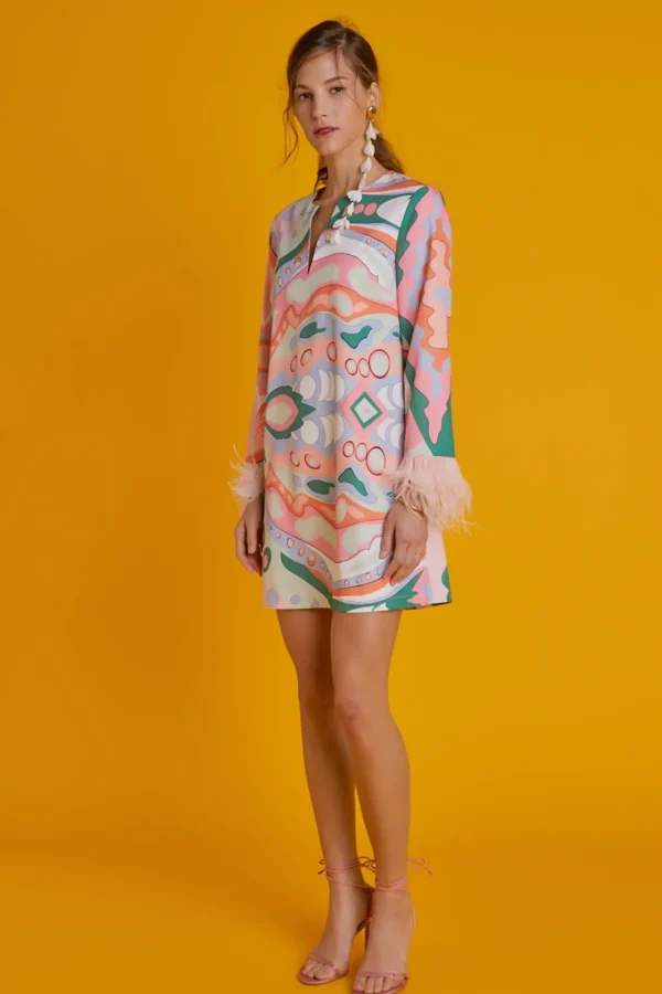 ENGLISH FACTORY Tops*- Print Mini Tunic Dress With Feather MULTI