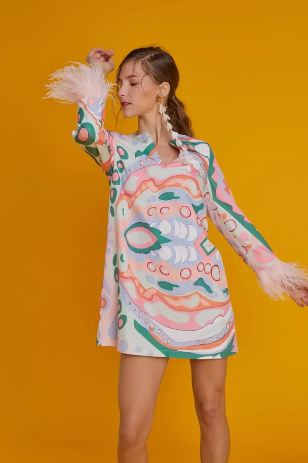 ENGLISH FACTORY Tops*- Print Mini Tunic Dress With Feather MULTI