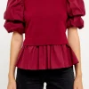ENGLISH FACTORY Tops*- Puff Short Sleeve Mixed Media Top BURGUNDY