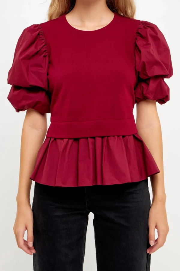 ENGLISH FACTORY Tops*- Puff Short Sleeve Mixed Media Top BURGUNDY