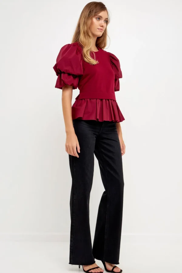 ENGLISH FACTORY Tops*- Puff Short Sleeve Mixed Media Top BURGUNDY
