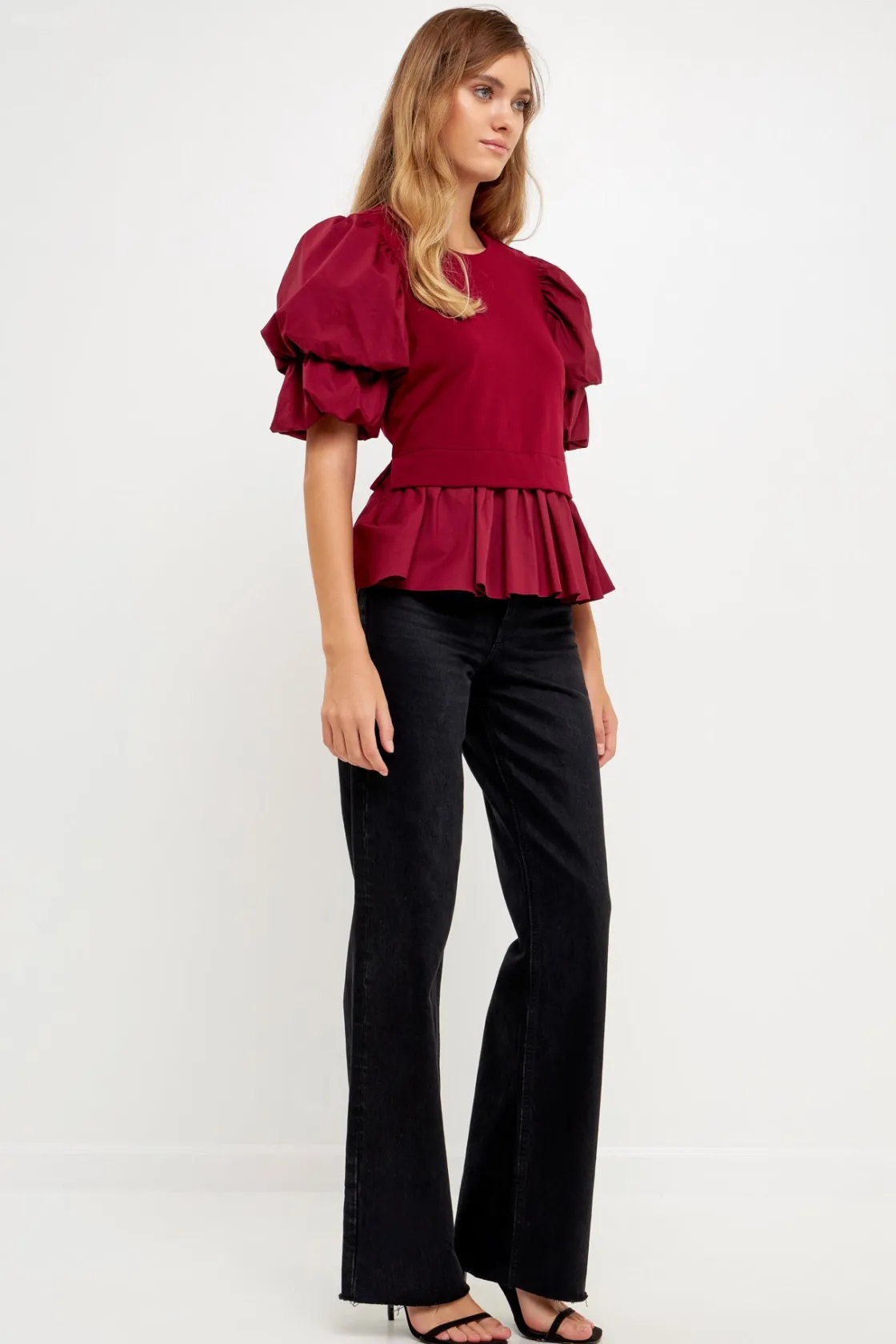 english_factory__puff_sho_1.webp ENGLISH FACTORY Tops*- Puff Short Sleeve Mixed Media Top BURGUNDY