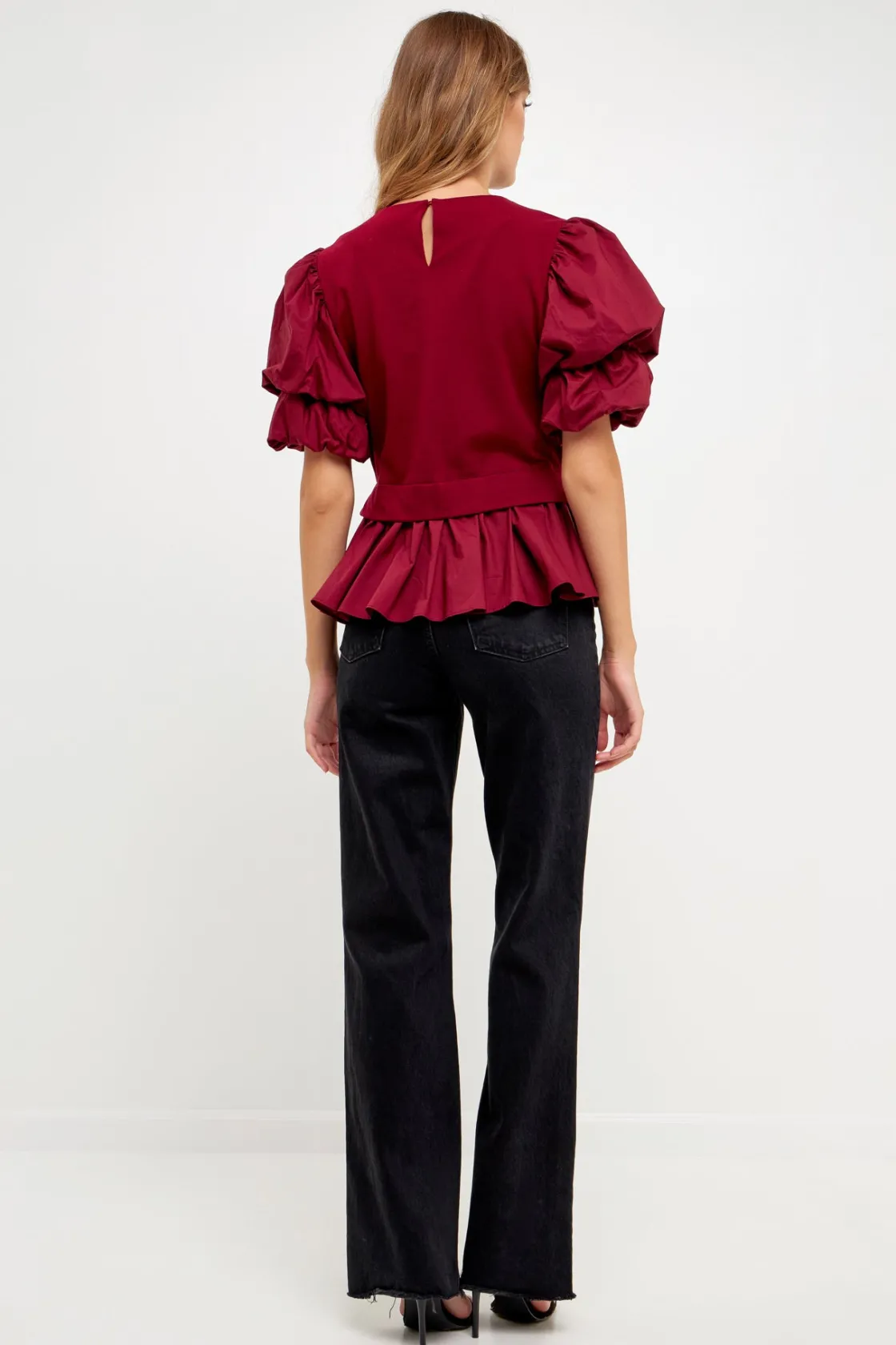english_factory__puff_sho_2.webp ENGLISH FACTORY Tops*- Puff Short Sleeve Mixed Media Top BURGUNDY