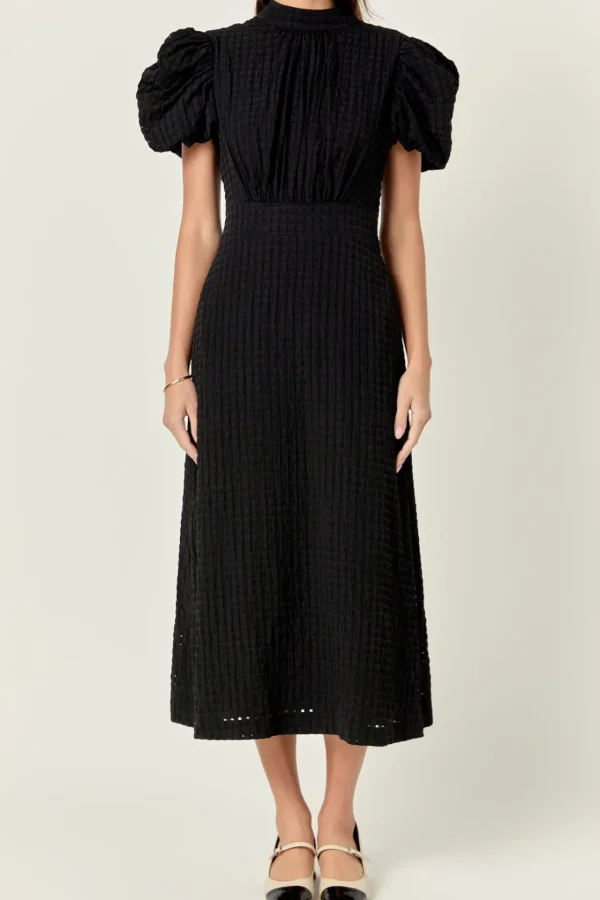 ENGLISH FACTORY Tops*- Puff Sleeves Midi Dress BLACK
