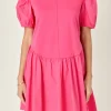 ENGLISH FACTORY Tops*- Puff Sleeve Mixed Media Mini Dress FUCHSIA