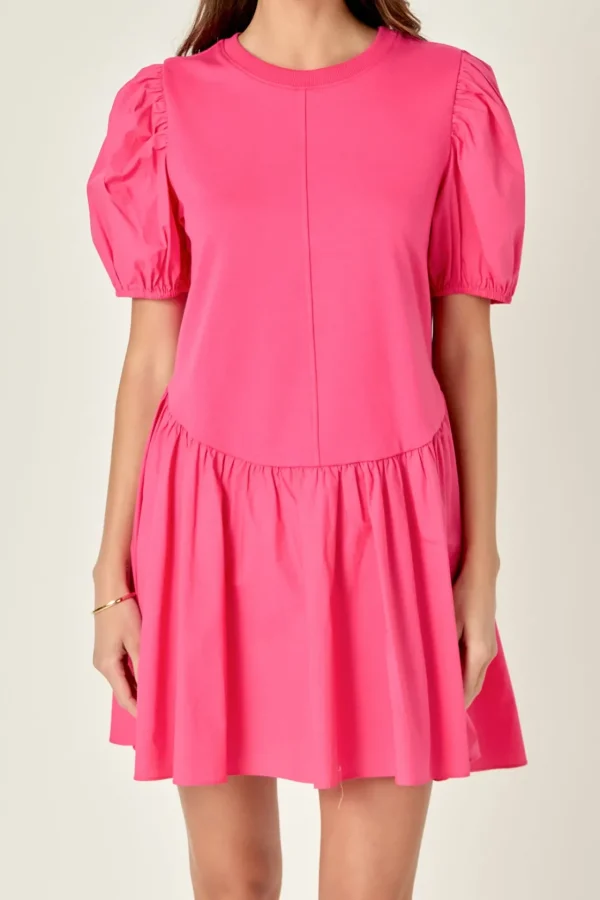ENGLISH FACTORY Tops*- Puff Sleeve Mixed Media Mini Dress FUCHSIA