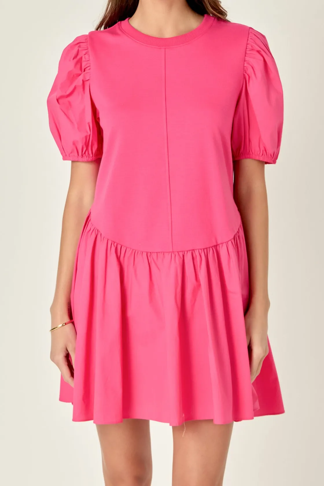 english_factory__puff_sle_0-4.webp ENGLISH FACTORY Tops*- Puff Sleeve Mixed Media Mini Dress FUCHSIA