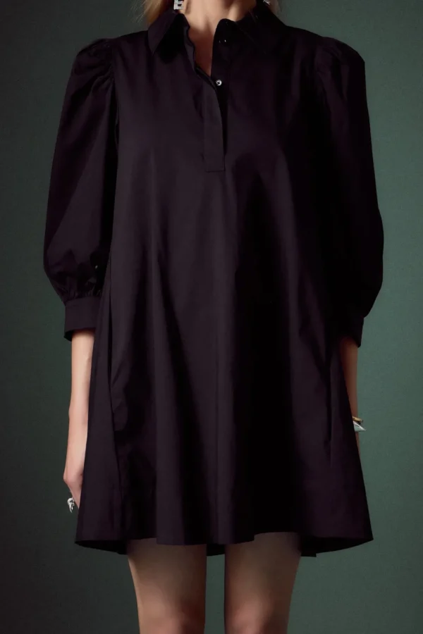 ENGLISH FACTORY Tops*- Puff Sleeve Shirt Mini Dress BLACK