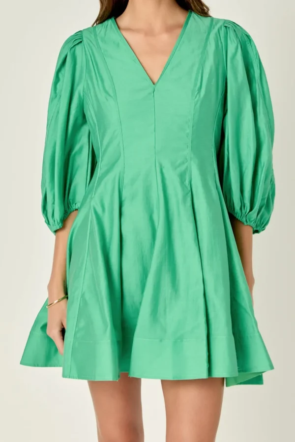 ENGLISH FACTORY Tops*- Puff Sleeve Flare Mini Dress GREEN