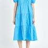 ENGLISH FACTORY Tops*- Puff Sleeve Tiered Midi Dress