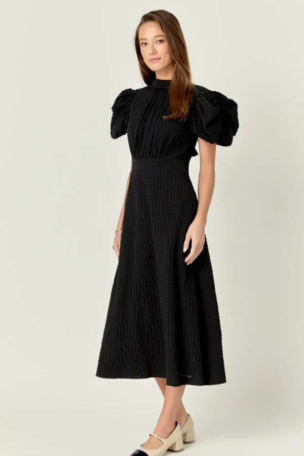 ENGLISH FACTORY Tops*- Puff Sleeves Midi Dress BLACK