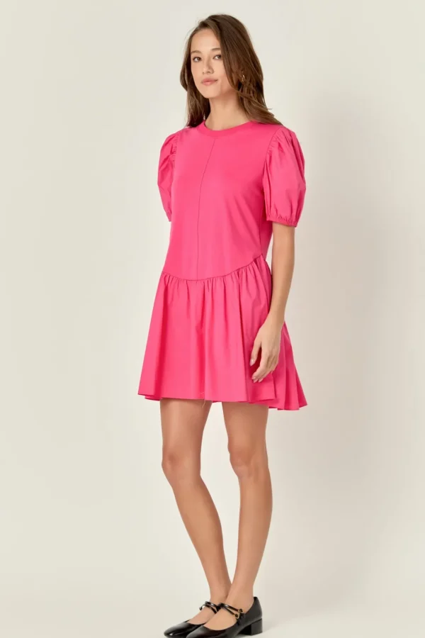 ENGLISH FACTORY Tops*- Puff Sleeve Mixed Media Mini Dress FUCHSIA