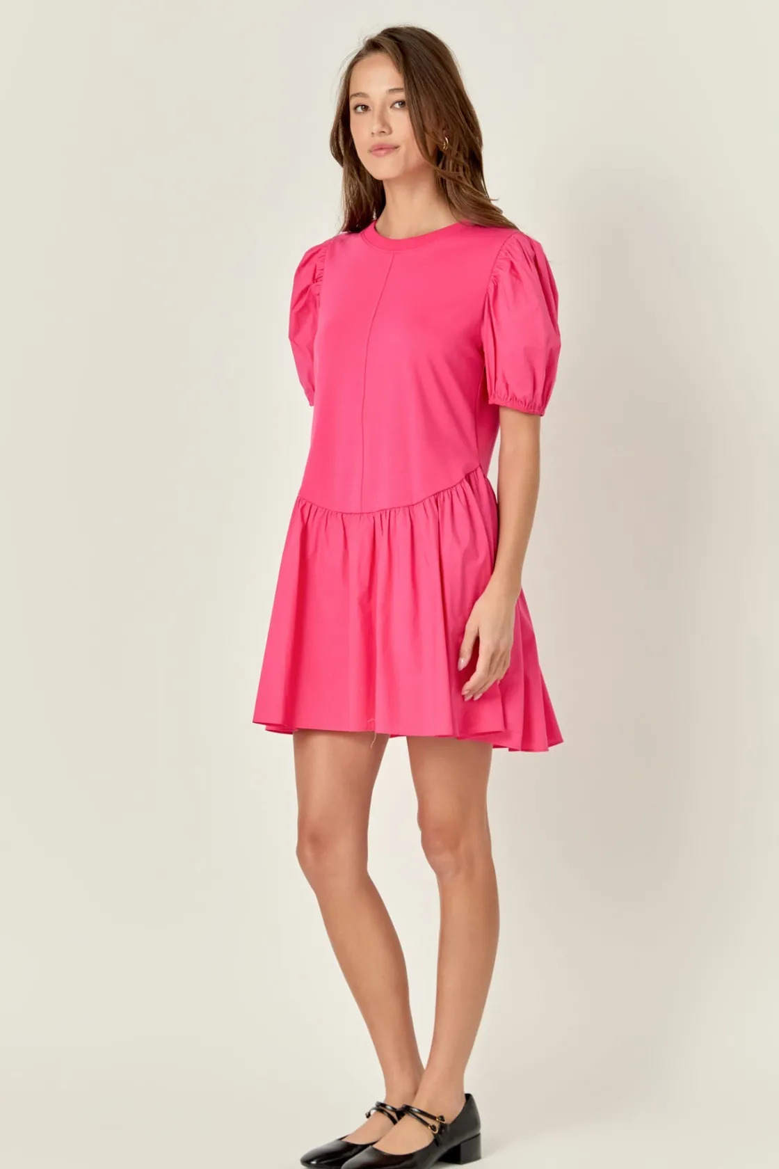 english_factory__puff_sle_1-4.webp ENGLISH FACTORY Tops*- Puff Sleeve Mixed Media Mini Dress FUCHSIA
