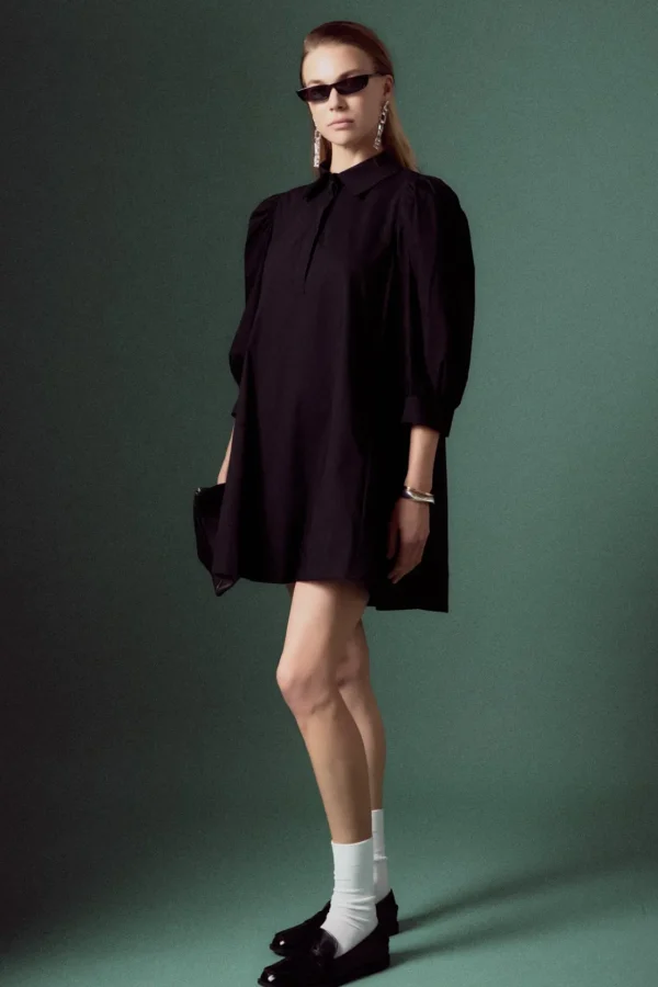 ENGLISH FACTORY Tops*- Puff Sleeve Shirt Mini Dress BLACK
