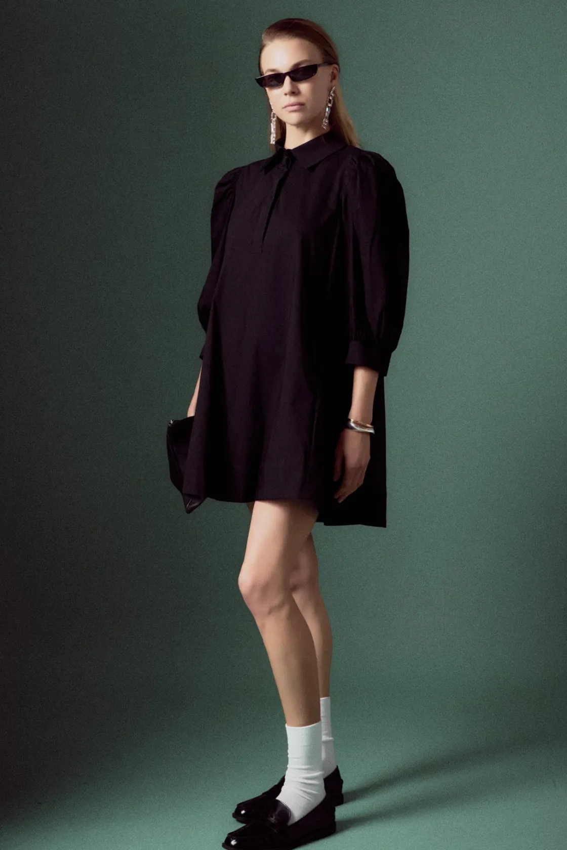 english_factory__puff_sle_1-6.webp ENGLISH FACTORY Tops*- Puff Sleeve Shirt Mini Dress BLACK