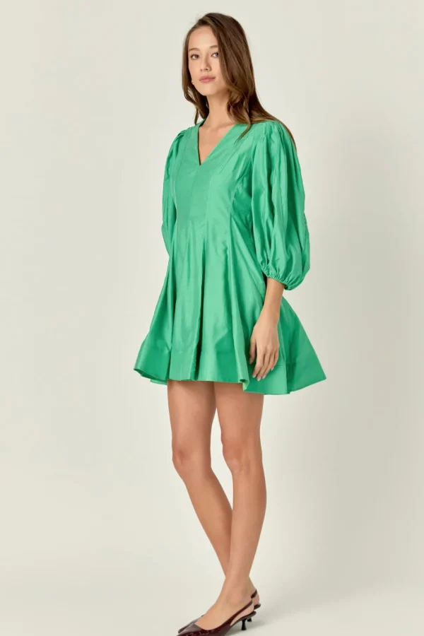 ENGLISH FACTORY Tops*- Puff Sleeve Flare Mini Dress GREEN