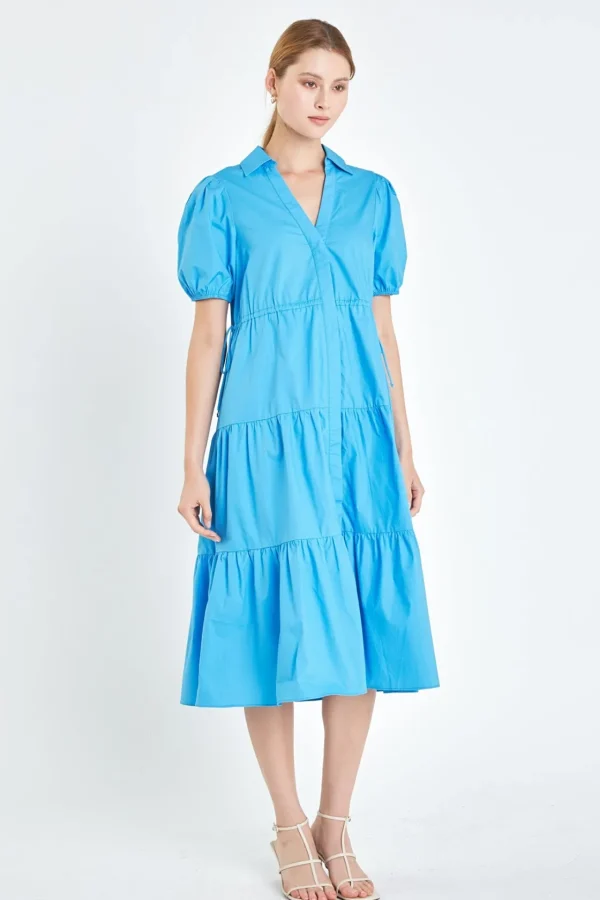 ENGLISH FACTORY Tops*- Puff Sleeve Tiered Midi Dress