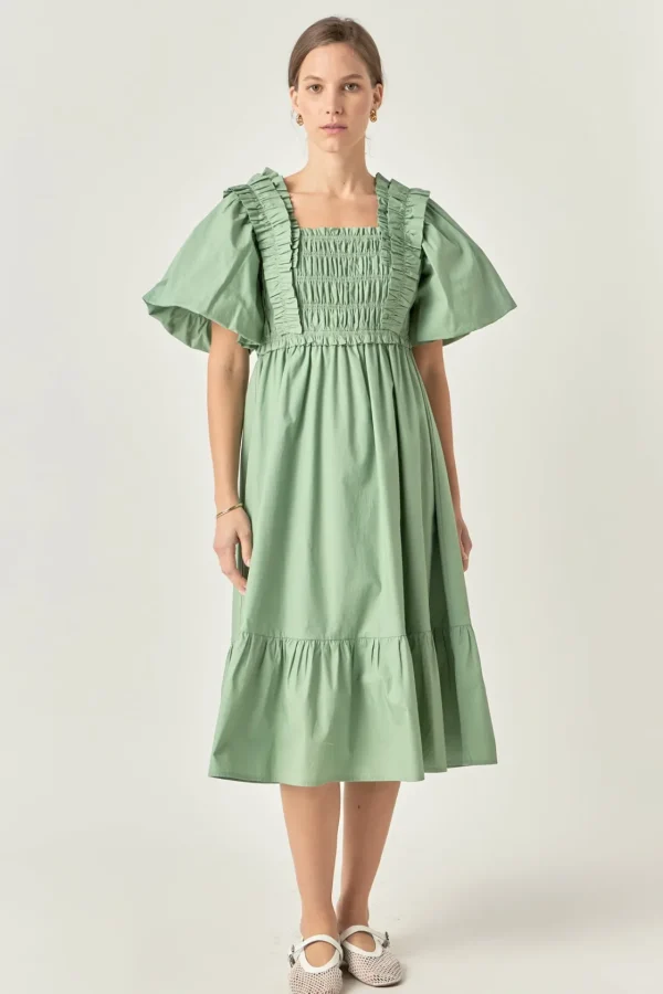 ENGLISH FACTORY Tops*- Puff Sleeve Square Neck Midi Dress