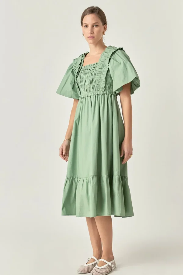 ENGLISH FACTORY Tops*- Puff Sleeve Square Neck Midi Dress
