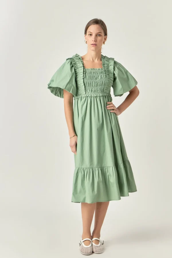 ENGLISH FACTORY Tops*- Puff Sleeve Square Neck Midi Dress