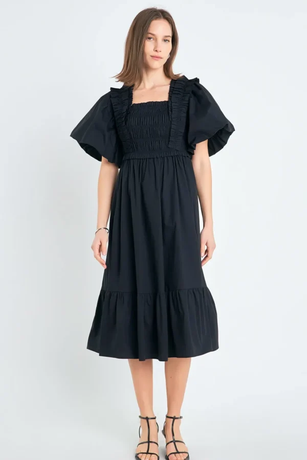 ENGLISH FACTORY Tops*- Puff Sleeve Square Neck Midi Dress