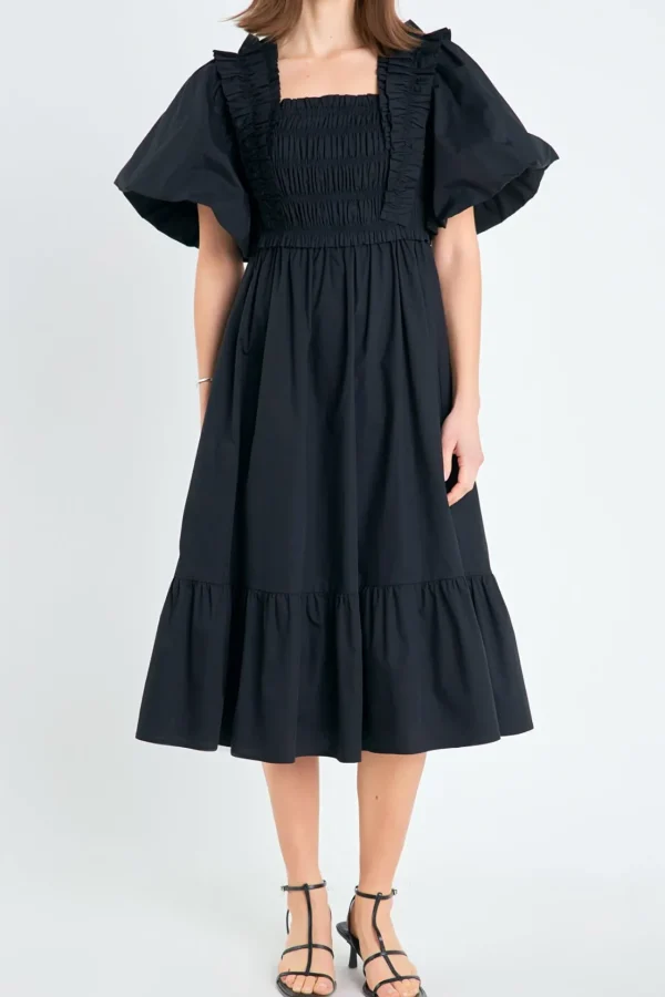 ENGLISH FACTORY Tops*- Puff Sleeve Square Neck Midi Dress