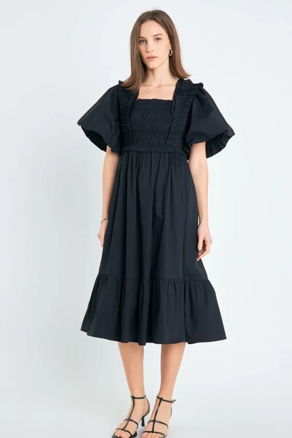 ENGLISH FACTORY Tops*- Puff Sleeve Square Neck Midi Dress