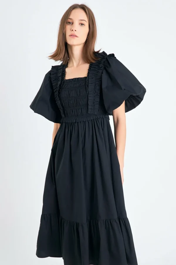 ENGLISH FACTORY Tops*- Puff Sleeve Square Neck Midi Dress