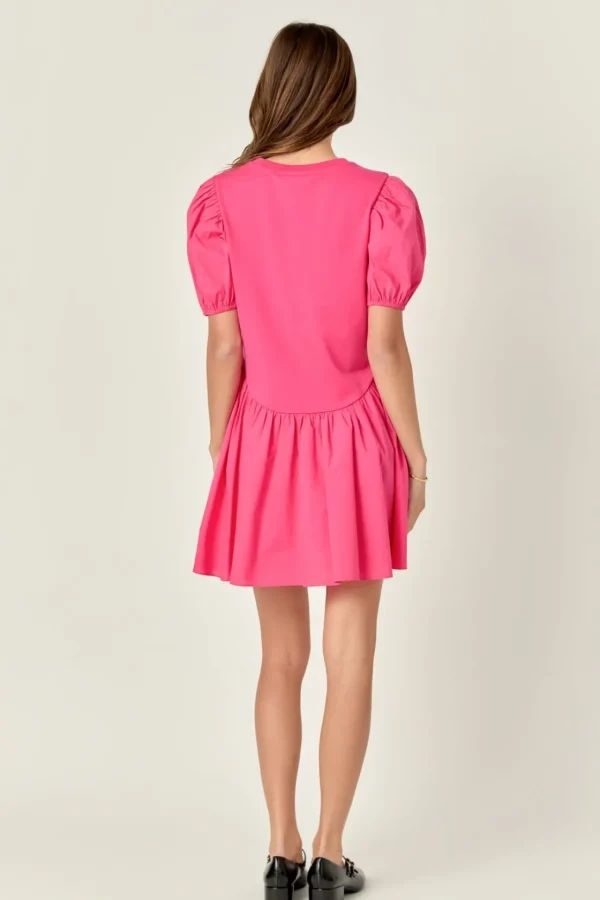 ENGLISH FACTORY Tops*- Puff Sleeve Mixed Media Mini Dress FUCHSIA